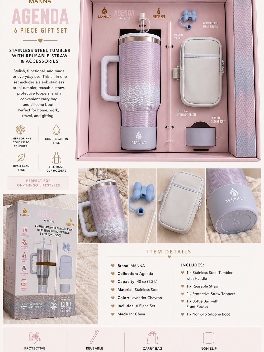 Agenda Lavender Chevron 40oz Stainless Steel Tumbler with Handle and Gold Accent